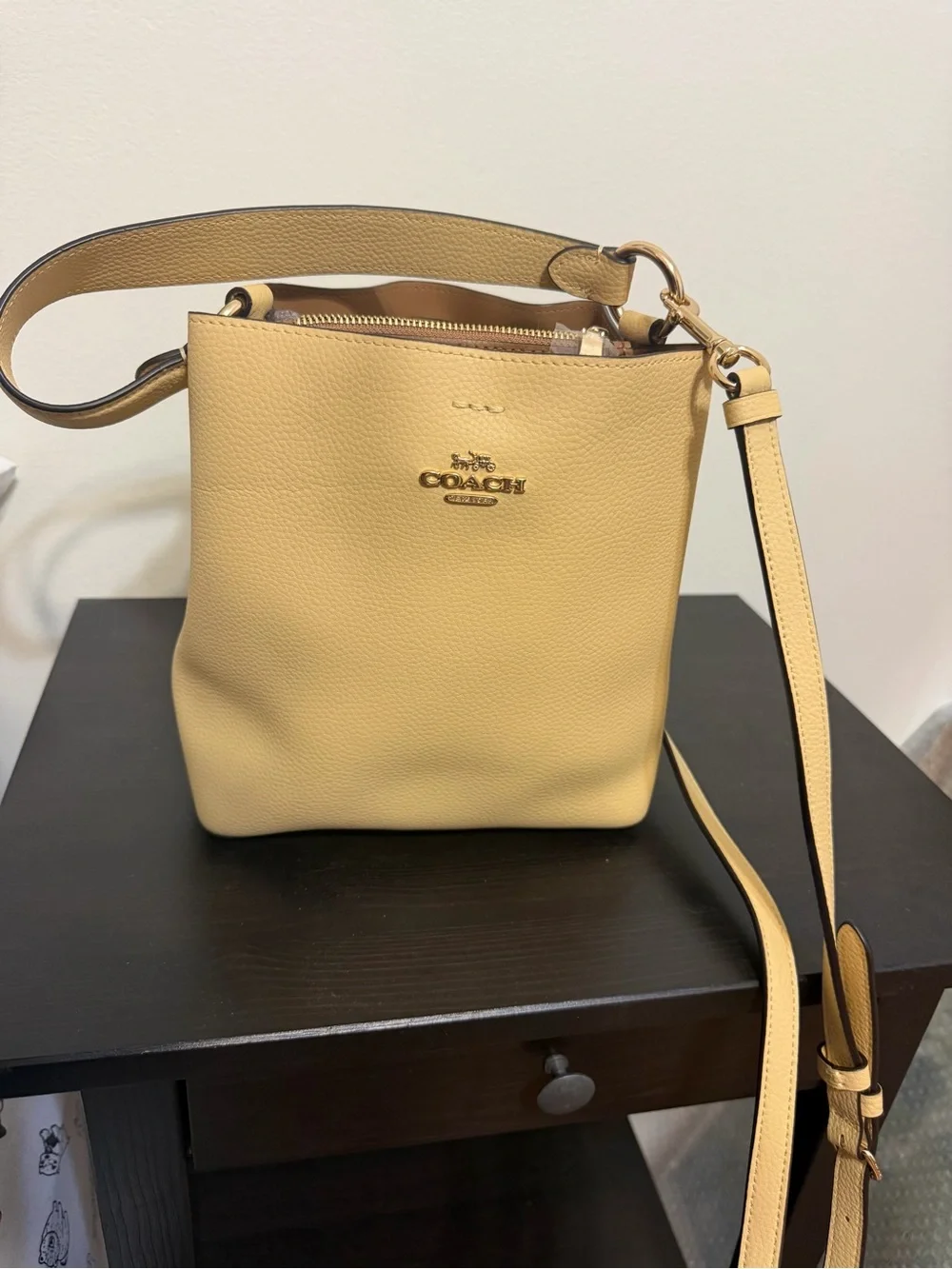 Coach Pebble Leather Crossbody Bucket Bag in Mustard Yellow